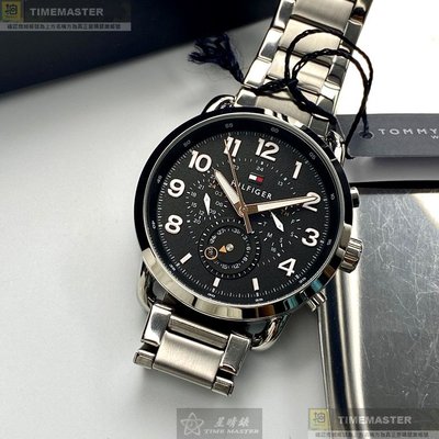 TommyHilfiger手錶,編號TH00024,46mm銀圓形精鋼錶殼,黑色三眼, 運動錶面,銀色精鋼錶帶款