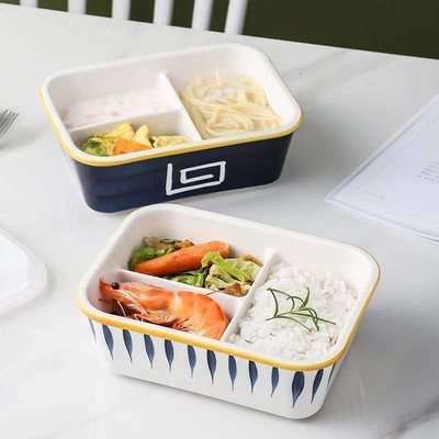 現貨熱銷-陶瓷飯盒分隔式帶蓋上班族微波爐可熱便當盒高顏值學生食堂打飯