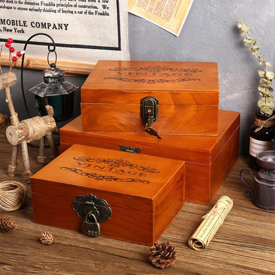復古實木證件收納盒帶鎖小木箱子收藏百寶箱貴重物品密碼盒儲物箱~優樂美