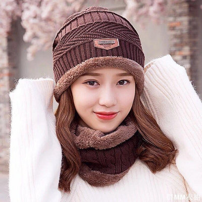 【熱賣精選】毛線 帽 冬季帽子女韓版時尚百搭加絨保暖毛加厚護耳圍脖針織毛線帽二件套