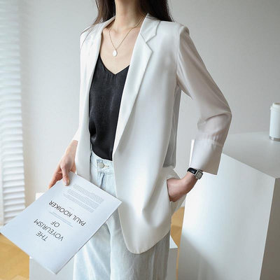 雪紡西裝外套女2023夏季新款韓版寬鬆白色薄款中長款七分袖防曬衫