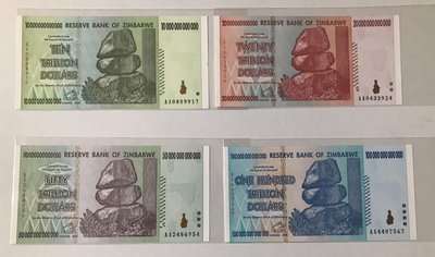 辛巴威(津巴布韋)高額紙幣  10兆-100兆 全新未用 4枚