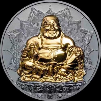 （二手）-現貨帕勞笑口常開大肚彌勒佛紀念幣 黑色浮雕鍍金2盎司銀幣 原 錢幣 紀念幣 花鈿1535【奇摩錢幣】