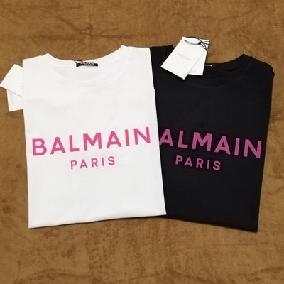 【全新現貨】巴爾曼Balmain上衣植絨徽標字母黑色白色粉色直筒T恤短袖