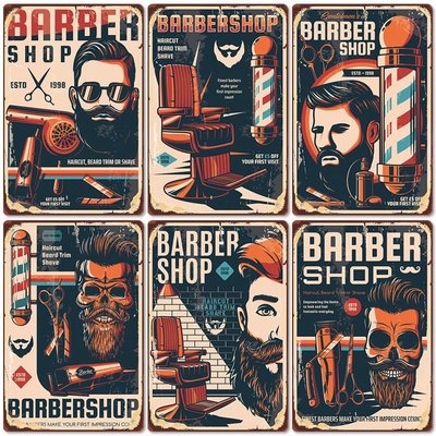 下殺-掛畫 飾畫 裝飾畫 2021新款 barbershop海報復古鐵皮畫 理發店背景墻壁無框裝飾掛畫