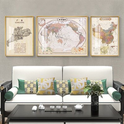 世界地圖掛畫復古版老板辦公室裝飾畫客廳書房茶桌背景三連畫-雙喜生活館