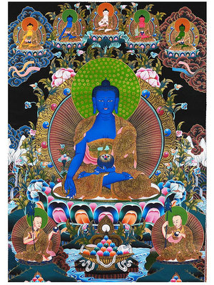 藥師佛唐卡掛畫 西藏藥師資糧田 藥師八尊畫像玄關裝飾畫壁畫現貨嗨購