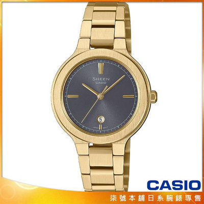 【柒號本舖】CASIO 卡西歐 SHEEN藍寶石鋼帶女錶-金 / SHE-4559G-8A (台灣公司貨)