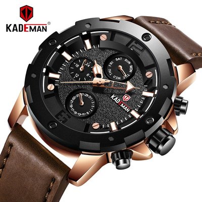 【潮裡潮氣】KADEMAN卡德蔓手錶男商務運動三眼計時腕錶皮帶防水石英手錶809