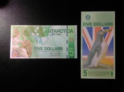 Antarctic (南極塑膠鈔-動物），$5，品相全新UNC