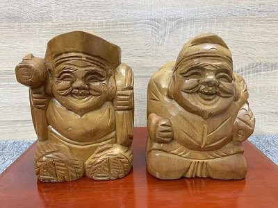 中古日本購回 手工木雕 惠比壽 大黑天 七福神擺件工藝品一木
