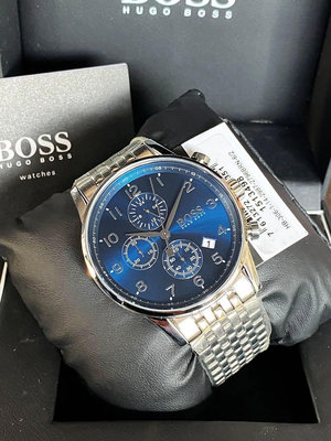 HUGO BOSS Navigator 藍色面錶盤 銀色不鏽鋼錶帶 石英 三眼計時 男士手錶 1513498