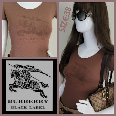 日製Burberry Black Label 黑標，棕色圓領貼身短袖上衣，尺寸：38