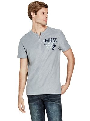 【美麗小舖】全新真品 GUESS 藍灰色 男 電繡LOGO T恤 短袖 短T-Shirt 亨利領~GS95921