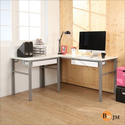 《BuyJM》木紋白低甲醛160+80公分雙抽屜L型穩重型工作桌附電線孔 I-B-DE086+88WH-2DR