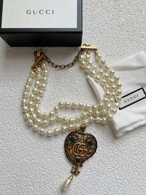 Gucci古馳正品保真愛心琉璃三層珍珠項鍊
