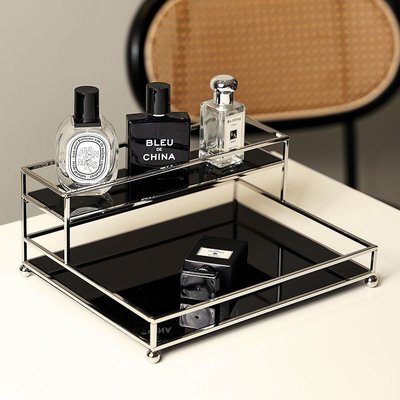 現貨熱銷-亞克力桌面置物架黑色現代簡約輕奢桌面化妝品香水膚雙層收納架
