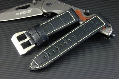 24mm加長版Banda  可以替代panerai飛行軍錶風格直身白縫線鱷魚皮紋真皮錶帶seiko citize