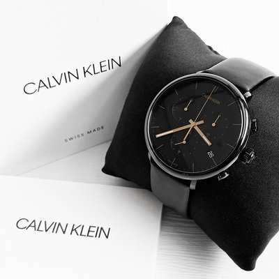 美國百分百【全新真品】Calvin Klein 手錶腕錶 皮革錶帶 CK 三眼計時錶 K8M274CB 黑色 CD79