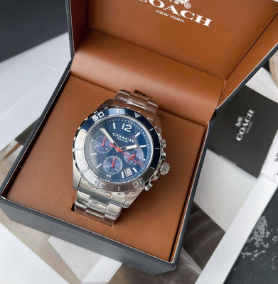 COACH Kent 藍色面錶盤 銀色不鏽鋼錶帶 石英 三眼計時 男士手錶 14602555