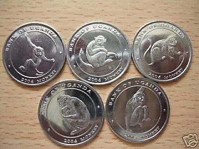 烏干達紀念幣---2004年---猴年紀念套幣 --- 5 枚一套---值得珍藏