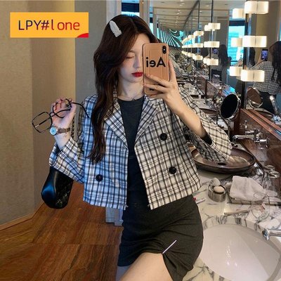 女士夏季時尚韓版西裝領格子襯衫短外套上衣【LPY#lone】