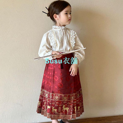 新中式復古雙面刺繡馬面裙 女童民族風套裝 2024