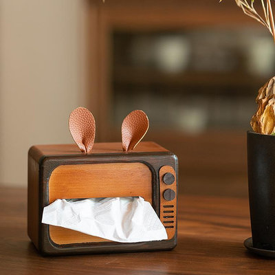 盒 紙巾盒 杉木兔子電視機紙巾盒可愛木質抽紙盒客廳書房家用創意設計收納盒