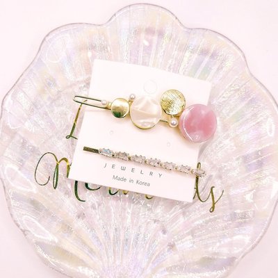 正韓國閃耀鑽飾氣質時尚美人 幾何珍圓珍珠扣夾 + 梯鑽線夾 （組） 韓國製