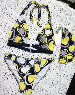 台灣製泳裝出清特價390-蘋果牌APPLE泳裝-性感風格-黑黃撞色普普風-二件式比基尼M/L