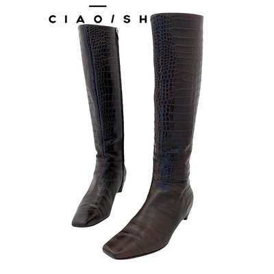 CIAO/SH 名牌精品店 DIOR 咖鱷魚皮紋(牛皮) 小方頭 低跟長靴