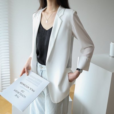 雲邊-雪紡白色七分袖女生西裝 夏季新款韓版寬鬆薄款中長款防曬衫西裝外套
