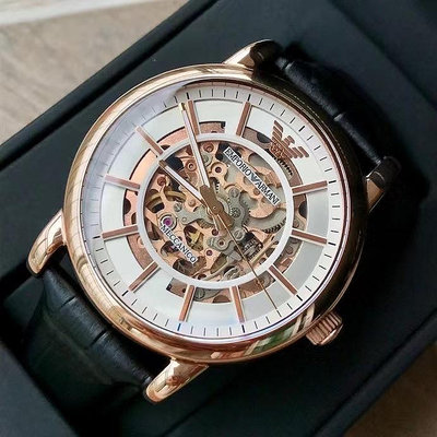 ＂手錶＂Armani阿瑪尼全自動機械之心手表時尚鏤空黑武士皮帶腕表AR60007