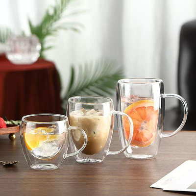 透明玻璃雙層杯 家用帶把手玻璃奶茶咖啡喝水杯子 家用隔熱泡茶杯
