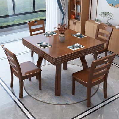實木餐桌中式大小戶型方圓兩用伸縮折疊方桌變圓桌簡約現代麻將桌滿減 促銷 夏季