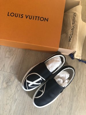 二手真品 LV Louis Vuitton 黑色 皮革 圓形LIGO 便鞋 橡膠鞋 7號