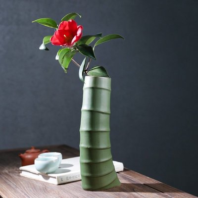 現貨熱銷-仿竹筒花瓶禪意花器裝飾日式復古綠色竹節壁掛陶瓷中國風插花器皿
