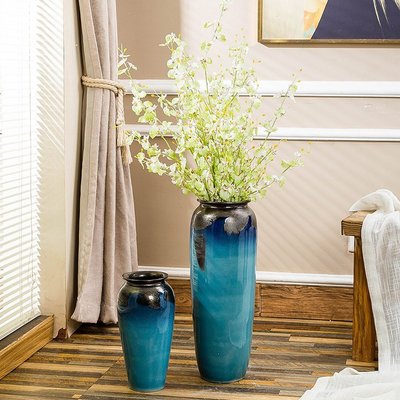 特價花瓶擺飾喇叭口高溫窯變天藍色顏色釉陶瓷大花瓶桌面落地組合配套裝工藝品