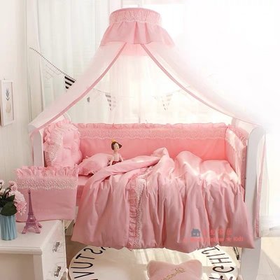 100%精梳純棉台灣製造MIT-韓式公主浪漫風格訂製款蕾絲床靠嬰兒床純棉拆洗床圍(120*60嬰兒床尺寸適用)