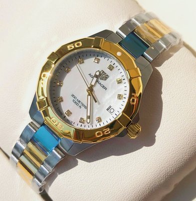 TAG HEUER Aquaracer 珍珠貝母錶盤 金色配銀色不鏽鋼錶帶 石英 女士手錶 WBD1322.BB0320