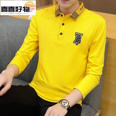 韓版男裝 男士秋裝長袖翻領T恤純棉個性襯衫領POLO衫緊身有領體恤黃色上衣~喜喜好物~