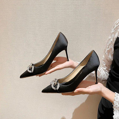 直購#Jimmy Choo 女士水晶鏈條高跟鞋尖頭套腳單鞋黑色水鉆高跟鞋