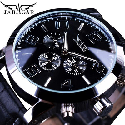 現貨男士手錶腕錶Jaragar黑色多功能全自動機械手錶男士六針時尚休閑皮帶手錶