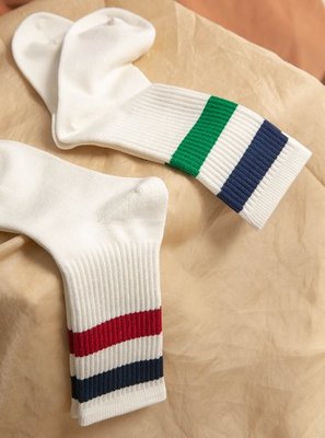 簡約條紋復古白色中統襪  白色 條紋 紅色 藍色 綠色 運動襪 女襪 白襪 中統襪 女襪【小雜貨】