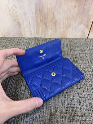 CHANEL A80603 BOY 閃電 藍 荔枝皮 金釦 零錢包 信用卡夾 名片夾