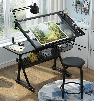 現貨：玻璃可升降繪畫桌繪圖書畫畫圖畫畫美術電腦設計師書桌工作臺桌子