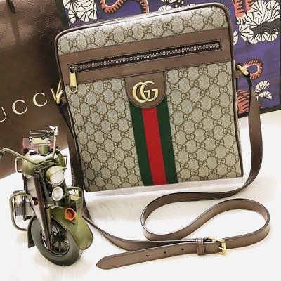 GUCCI 547934 咖啡色 PVC 皮革飾邊 拉鍊 日字包 斜背包 郵差包15501