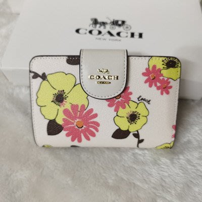 【九妹精品】COACH CH734 新款女士 花卉印花系列中款拉鏈袋錢包 白色 短款錢包 短夾 皮夾