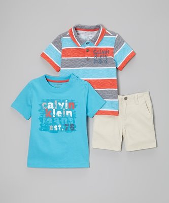 限量特價!全新真品 Calvin Klein jeans CK 水藍&amp;橘色條紋polo+米白短褲 3件組 12M/18M