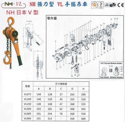 NH-VL NH強力型 VL手搖吊車 手搖式吊車 手搖絞盤 NH日本V型